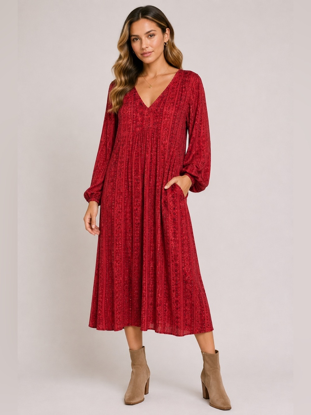 Zara Red Long Sleeve V-Neck 70's Retro Print midi Dress Women's Size M